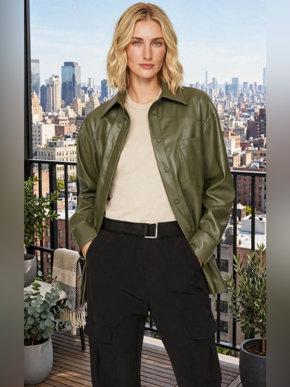 Nicholas Aretha Olive green faux leather Shacket size 8